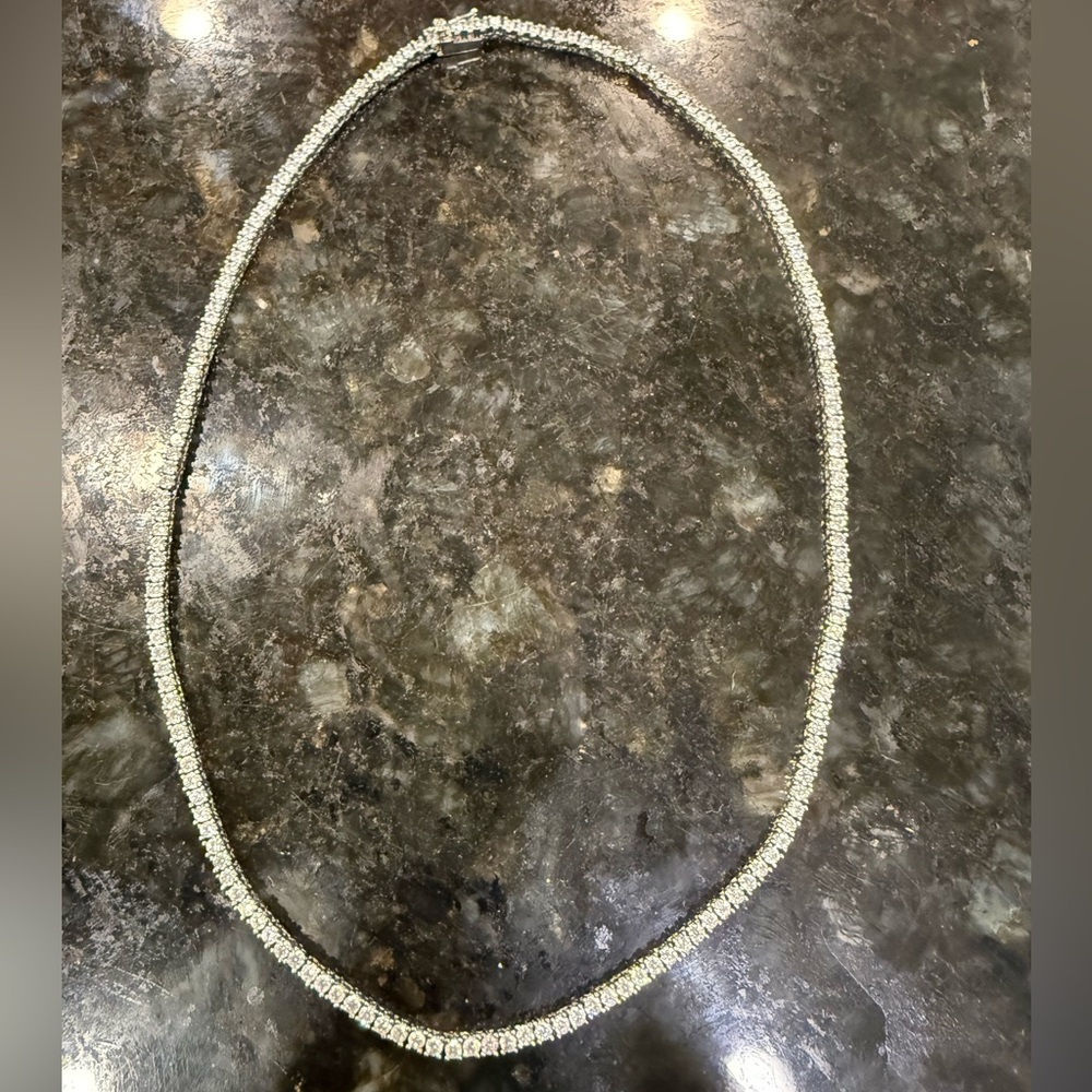 Tennis necklace, CZ stones, rhodium plated brass gives a stunning silver tone.